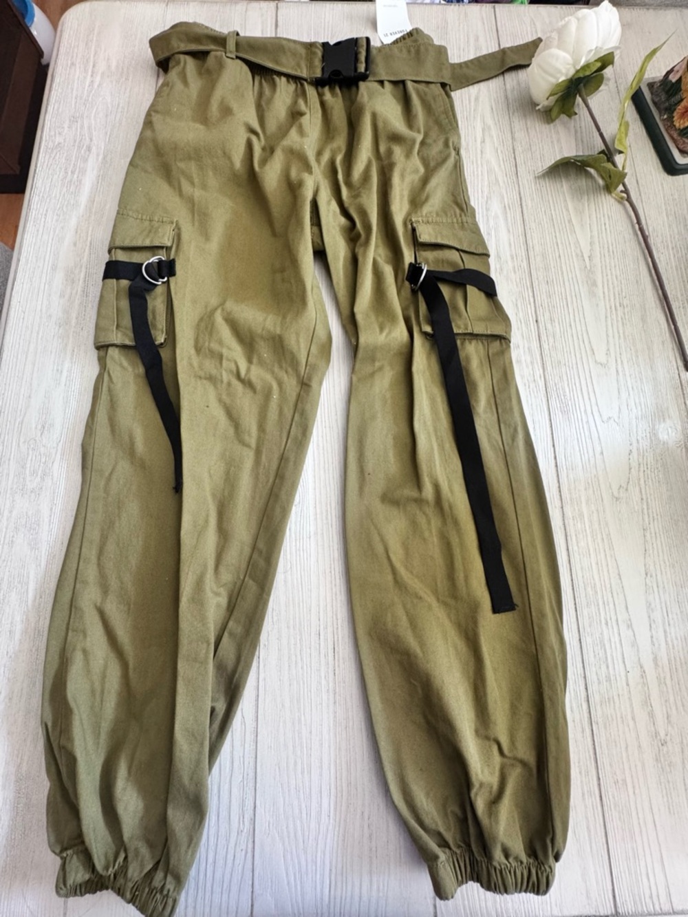 Forever 21 Olive Green Cargo Joggers with Black Strap Details
